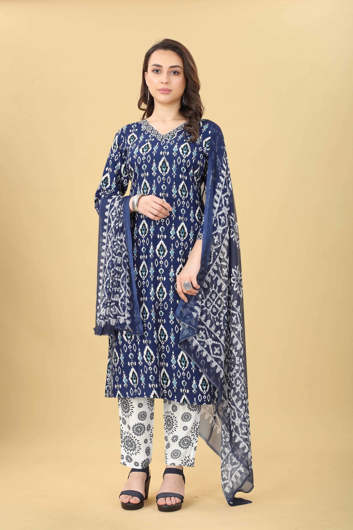 Blue Printed Fancy Kurti With Bottom Dupatta Set