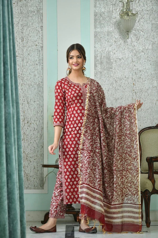 Red & Cream Printed Fancy Kurti With Bottom & White Dupatta set