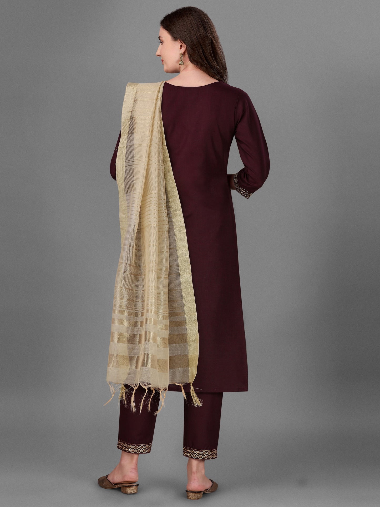 Womens Maroon Colour Cotton Kurta Pant With Dupatta Set