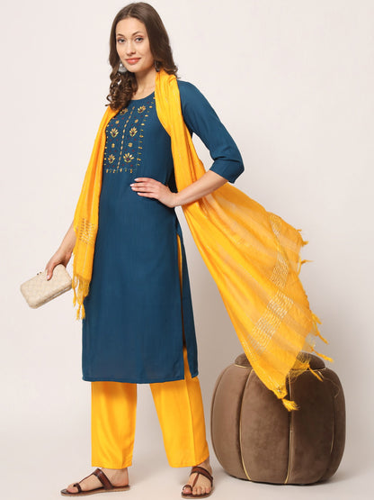 Blue Colour Reyon Embroidery With Mirror Casual Wear Kurta Pant Dupatta Set For Women's