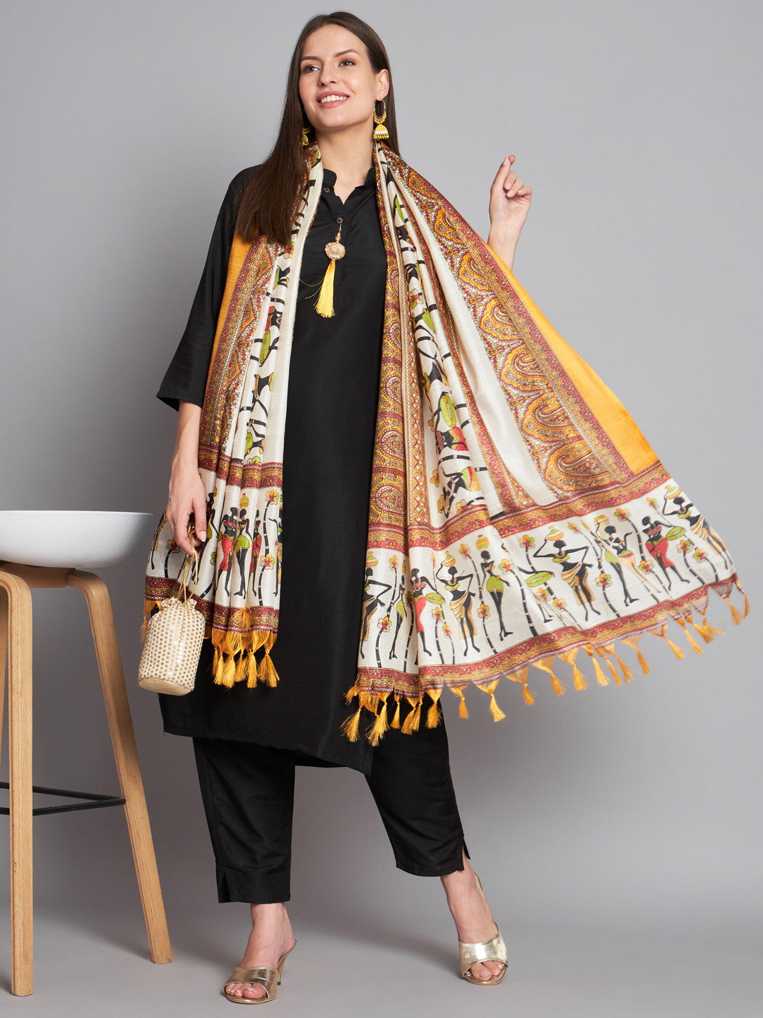 Black Colour Cotton Printed Dupatta With Kurta Pant Set For Women's