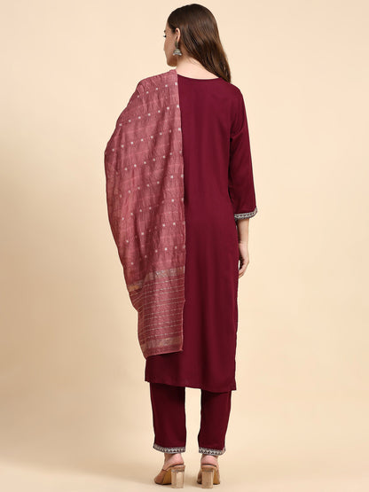 Maroon Colour Blend Silk Embroidery Work Party Wear Kurta Pant Dupatta Set For Women's