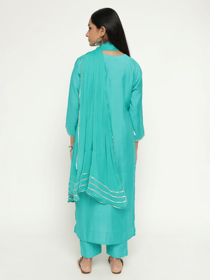 Aqua Colour Blend Silk Embroidery Work Party Wear Kurta Pant Dupatta Set For Women's