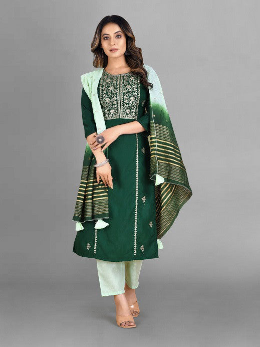 Green Party Wear Embroidery Worked Kurta With Pant And Duppata Set