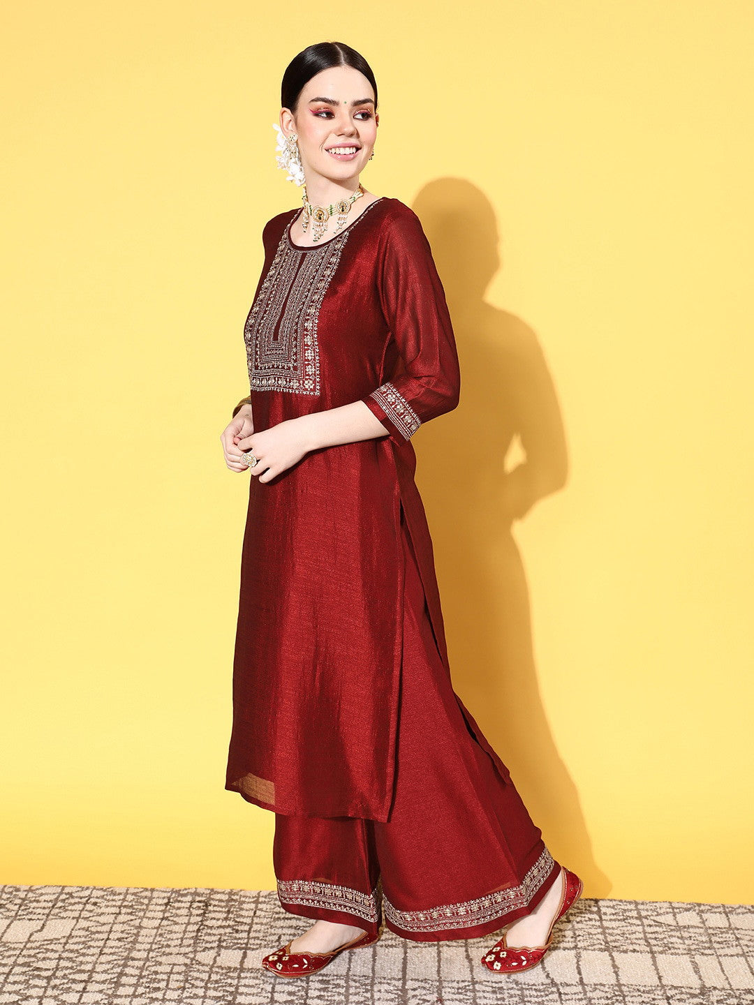 Red Party Wear Embroidery Worked Kurta With Pant And Duppata Set