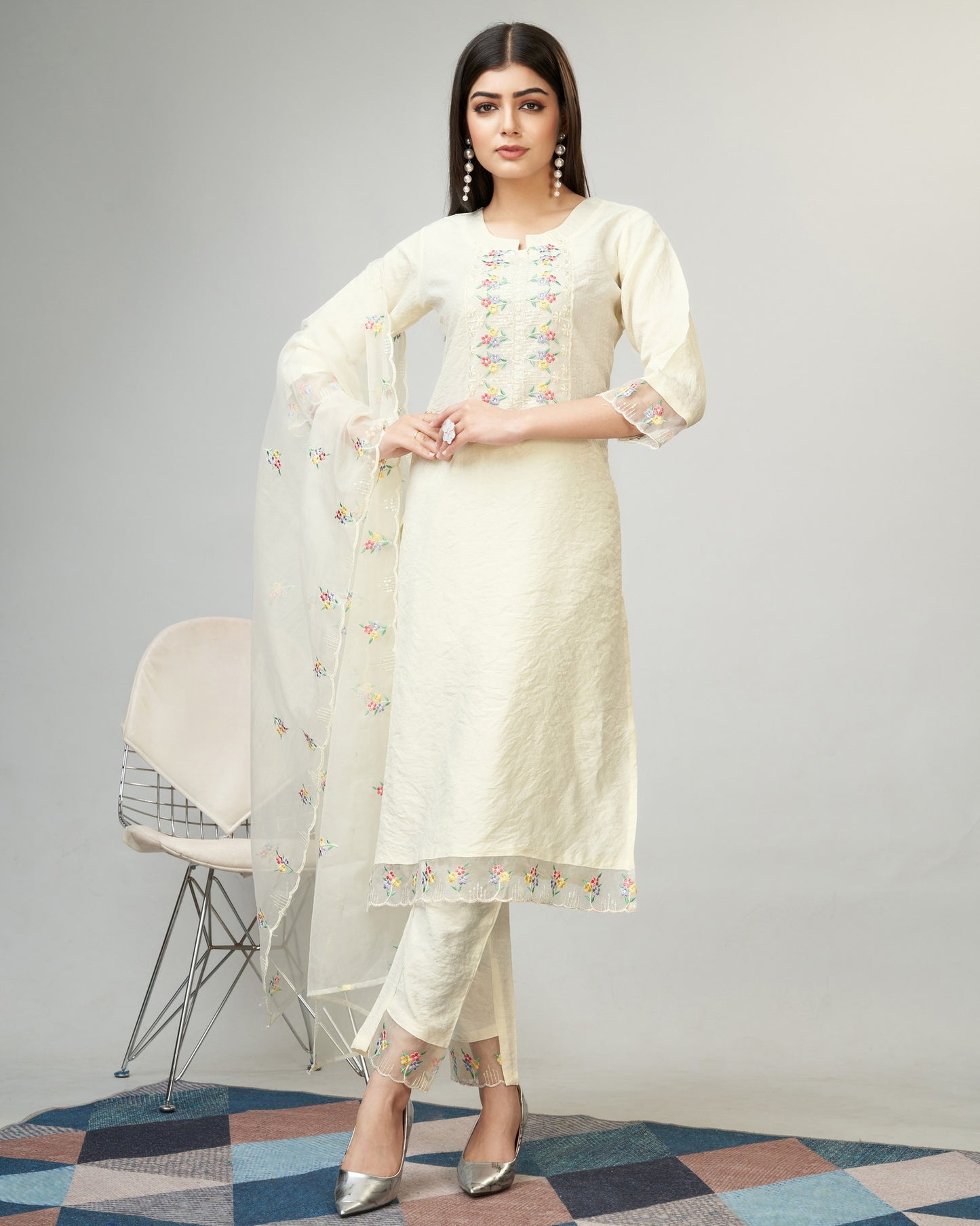 Off White Party Wear Embroidery Worked Kurta With Pant And Duppata Set