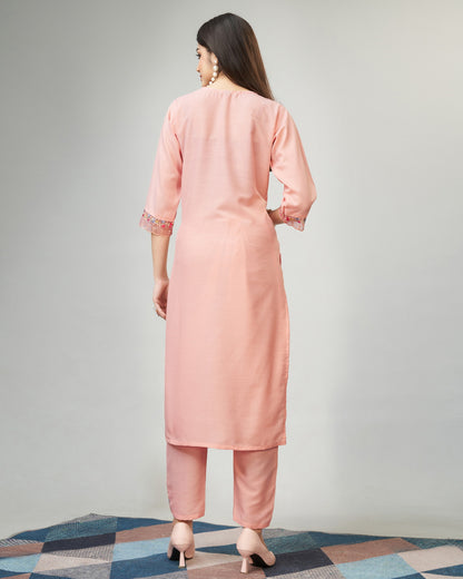 Peach Party Wear Embroidery Worked Kurta With Pant And Duppata Set