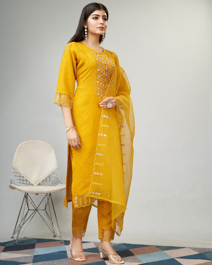 Yellow Party Wear Embroidery Worked Kurta With Pant And Duppata Set