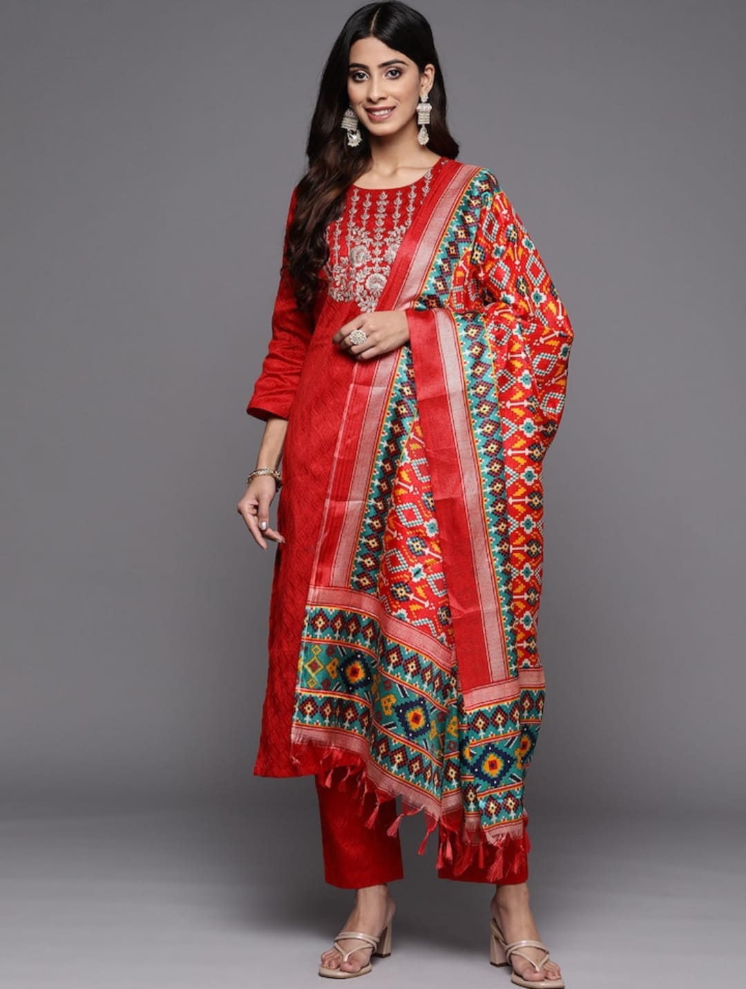 Red Party Wear Embroidery Worked Kurta With Pant And Duppata Set