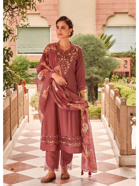 Peach Party Wear Embroidery Worked Kurta With Pant And Duppata Set