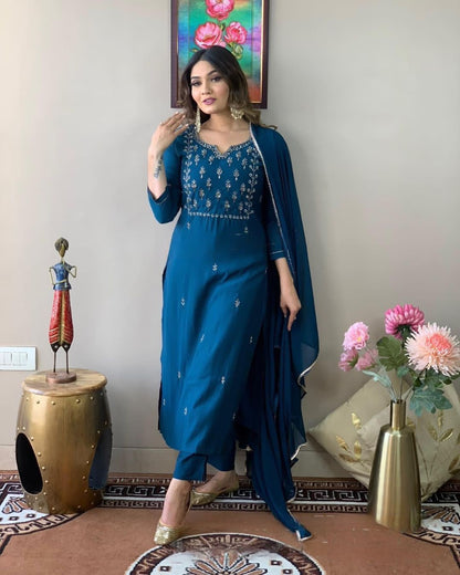 Blue Party Wear Embroidery Worked Kurta With Pant And Duppata Set