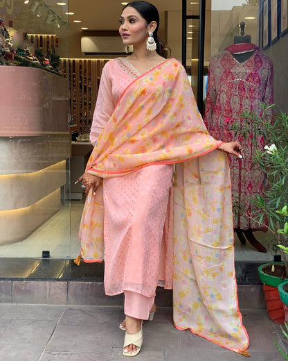 Peach Party Wear Embroidery Worked Kurta With Pant And Duppata Set