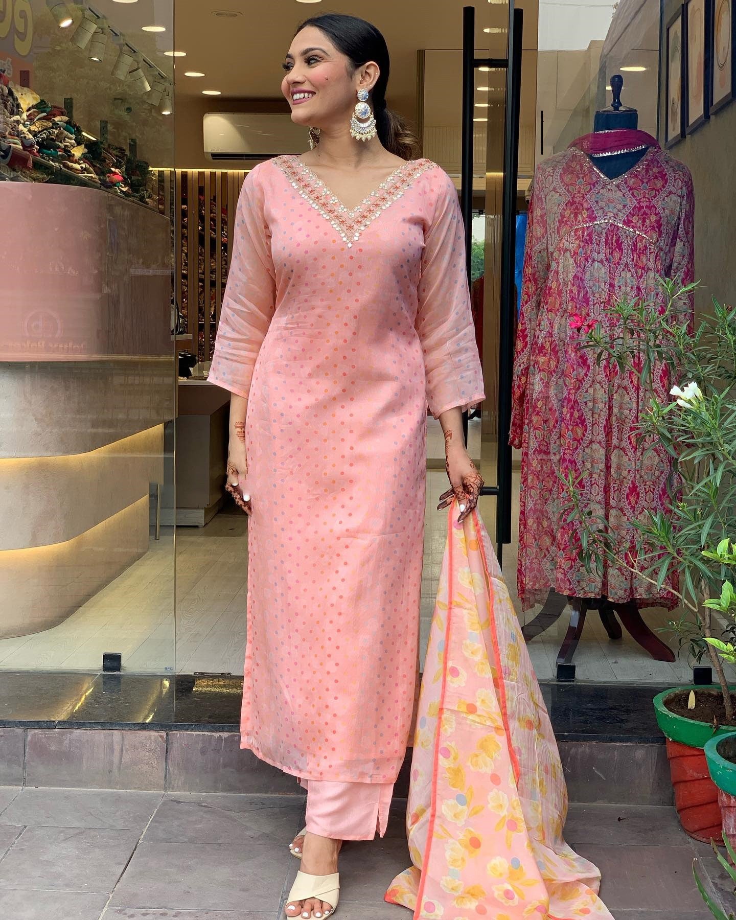 Peach Party Wear Embroidery Worked Kurta With Pant And Duppata Set