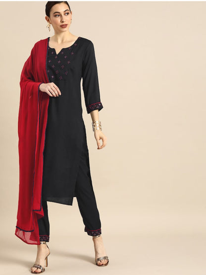 Black Party Wear Embroidery Worked Kurta With Pant And Duppata Set