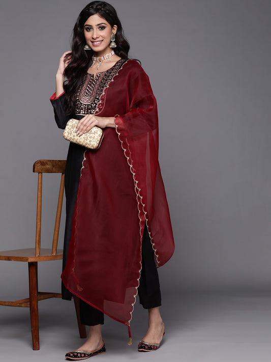 Black Party Wear Embroidery Worked Kurta With Pant And Duppata Set