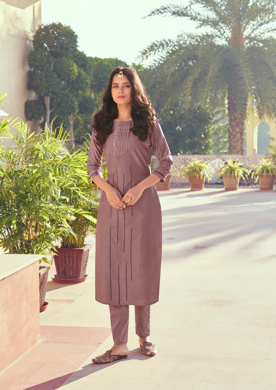 Lilac Brown Embroidery  Work Roman Silk Kurta Set