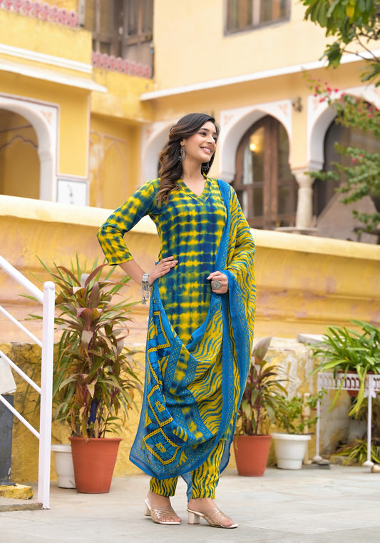 Simple and Beautiful Tie Die Printed Kurta Set with Bottom and Dupatta