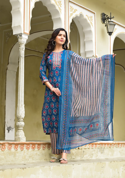 Aqua Blue color Simple and Beautiful Kurta set With Bottom and Dupatta