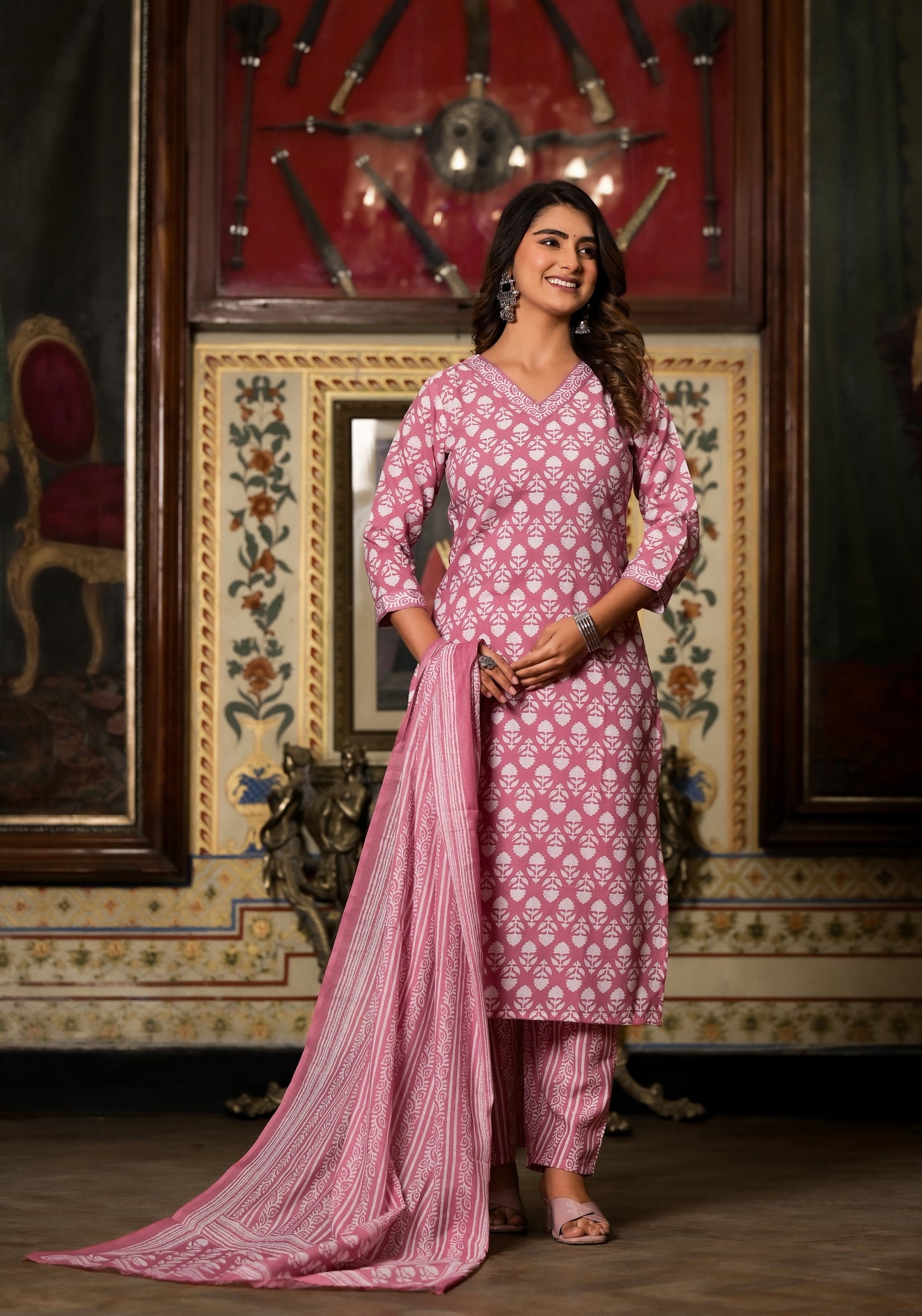 Baby Pink Printed Casual Wear Kurta Set with Bottom wear and Dupatta