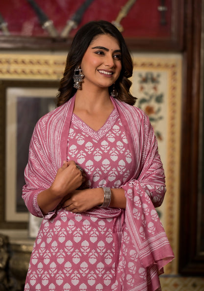 Baby Pink Printed Casual Wear Kurta Set with Bottom wear and Dupatta