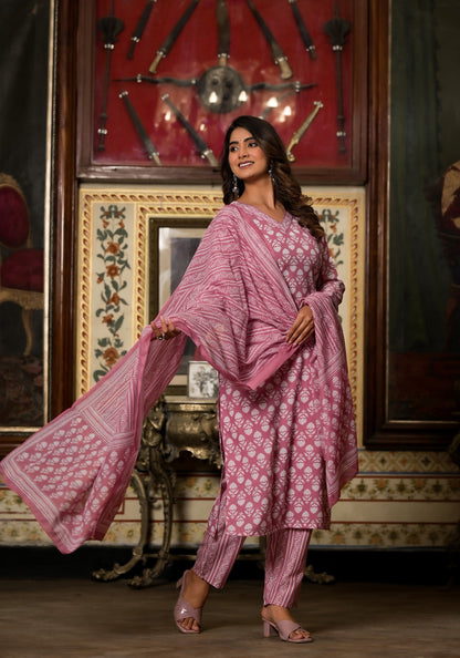 Baby Pink Printed Casual Wear Kurta Set with Bottom wear and Dupatta