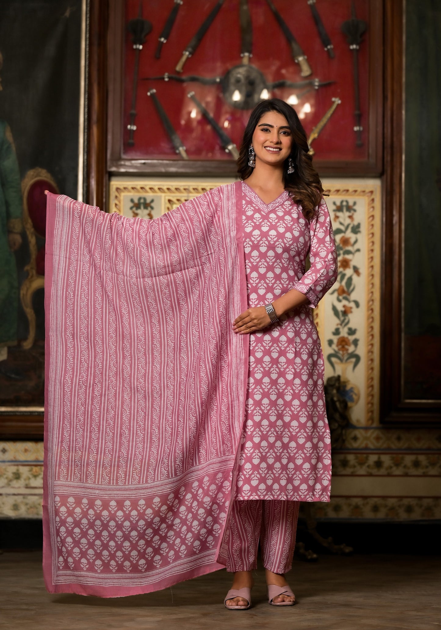 Baby Pink Printed Casual Wear Kurta Set with Bottom wear and Dupatta