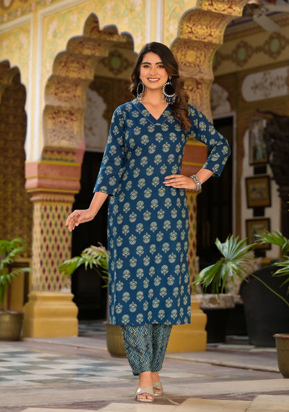 Block Printed Teal Blue Kurta Set with Bottom Wear and Dupatta