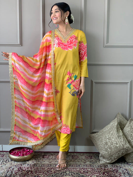 Designer Floral Kurta Set with Bottom and Dupatta