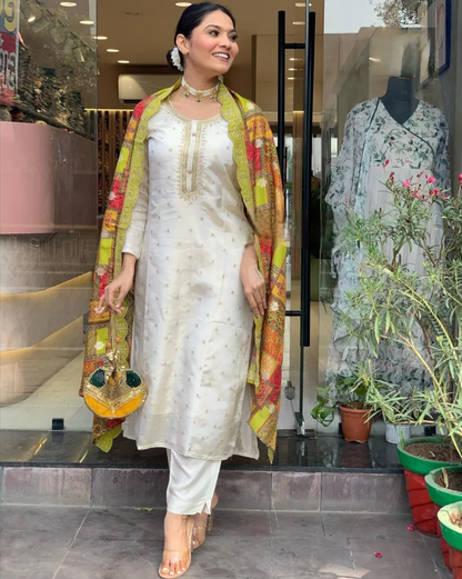 Designer Pure Viscose Jacquard Kurta With Pant And Heavy Dupatta