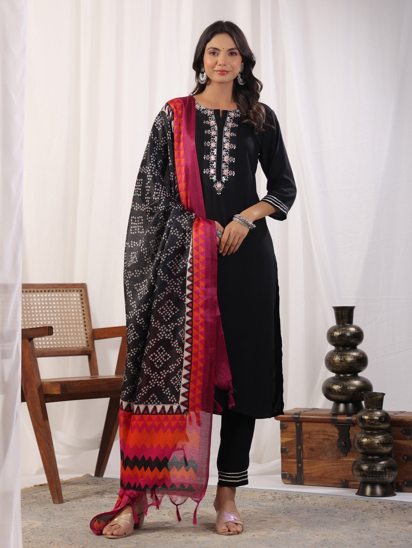 Black Embordered Rayon Kurta Set With Dupatta And Bottom