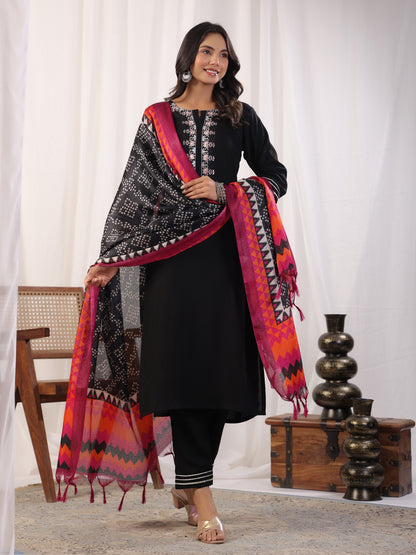 Black Embordered Rayon Kurta Set With Dupatta And Bottom