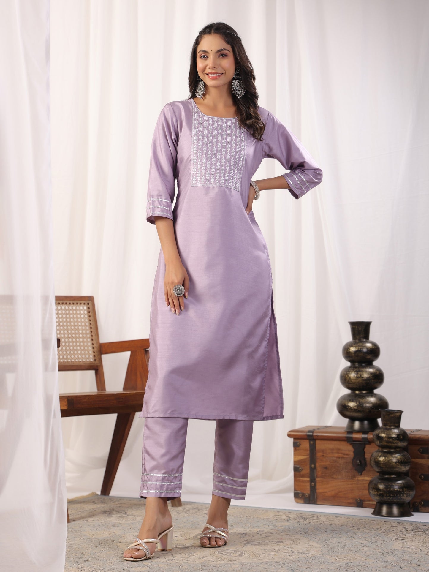 Embroidered Straight Kurta with Trousers & And Dupatta