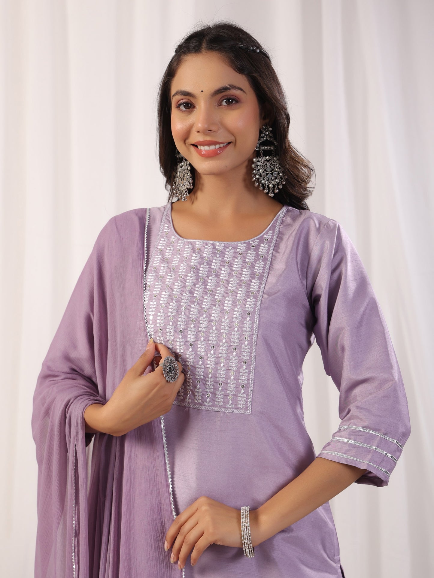 Embroidered Straight Kurta with Trousers & And Dupatta