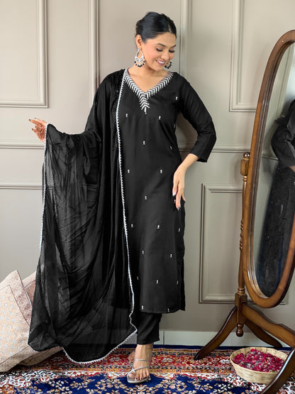 Designer Kurta set with Bottom Pant and Plain Dupatta in Black Color