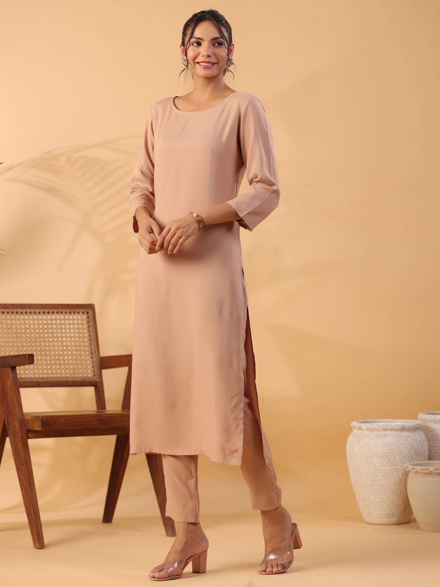 Peach Round Neck Straight Kurta With Trouser