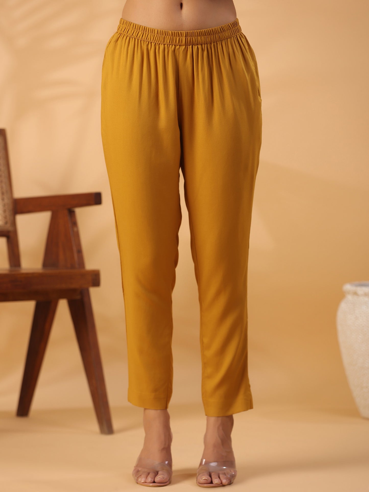 Mustard yellow Round Neck Straight Kurta With Trouser