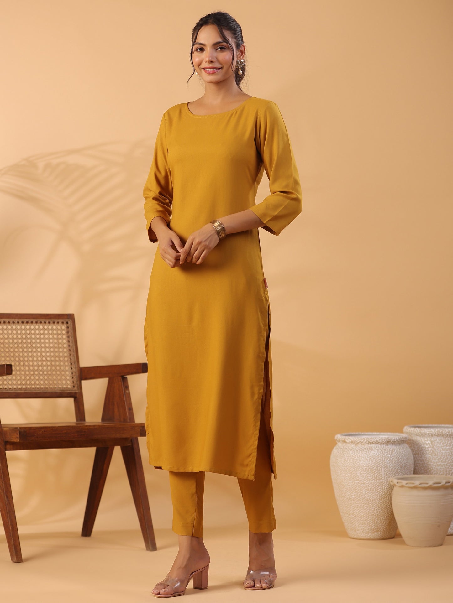 Mustard yellow Round Neck Straight Kurta With Trouser