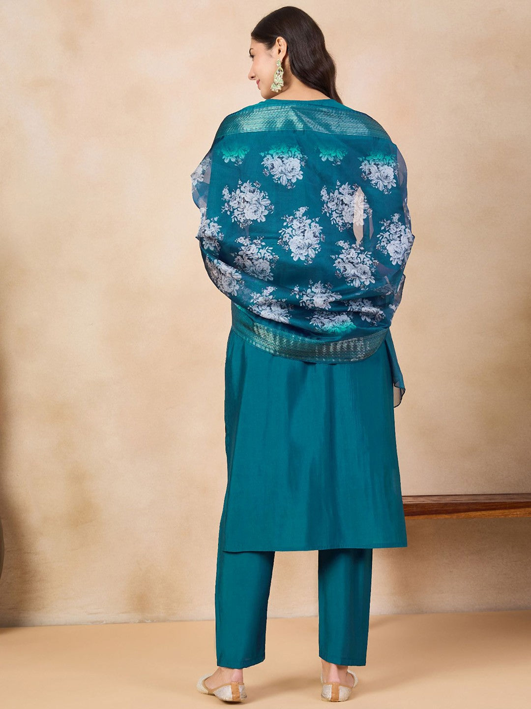 Beautiful Teal Blue Embroidered Kurta Set with Bottom Wear and Dupatta