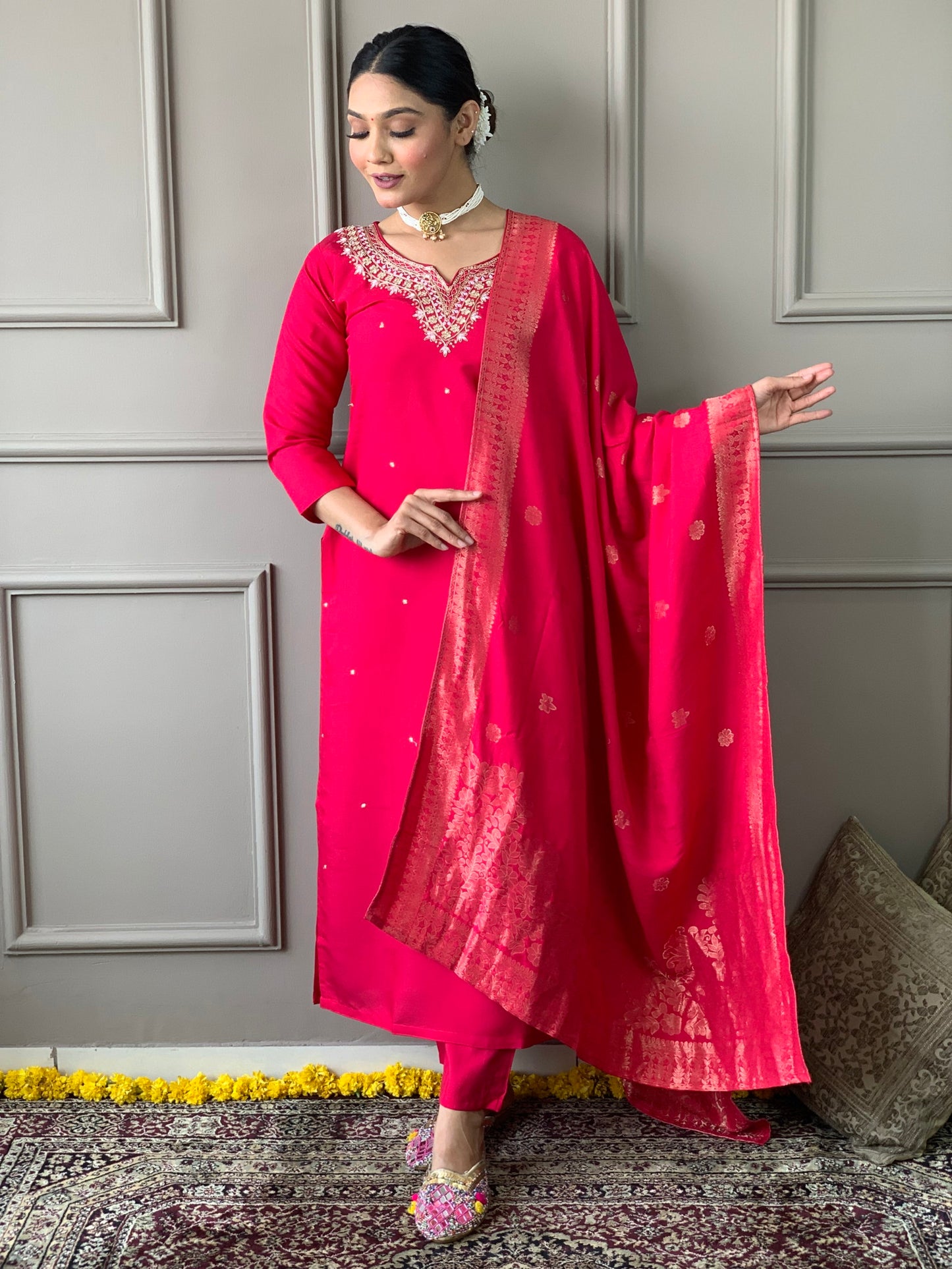 Beautiful Pink Viscose Chanderi Kurta Set with Bottom Wear and Dupatta