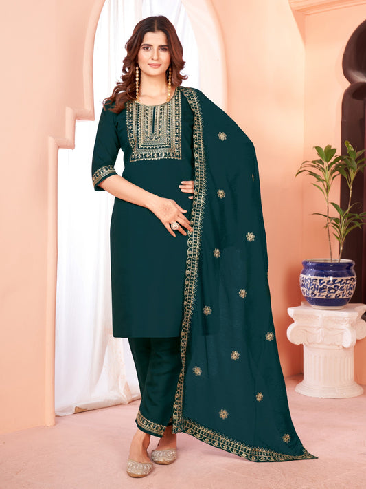 Green  Embroidered Kurta set With Bottom Wear and Dupatta