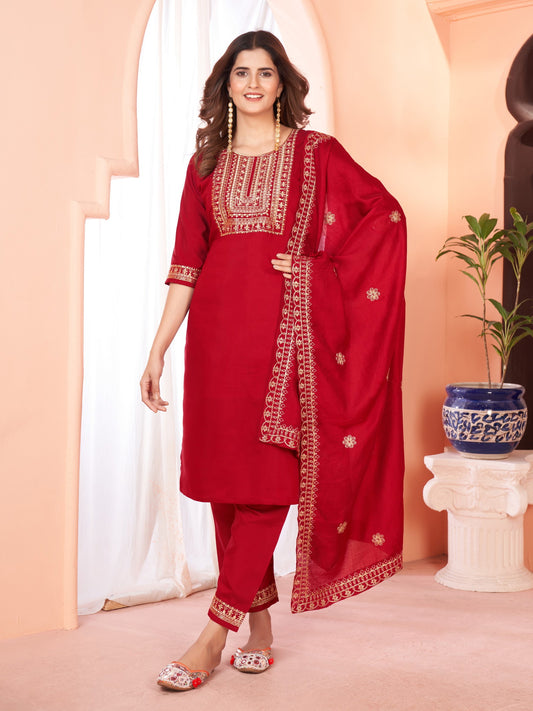 Maroon Embroidered Kurta set With Bottom Wear and Dupatta