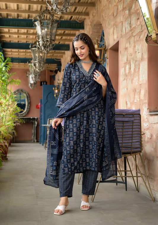 Floral Printed Kurta With Bottom Wear and Dupatta in Blue Color